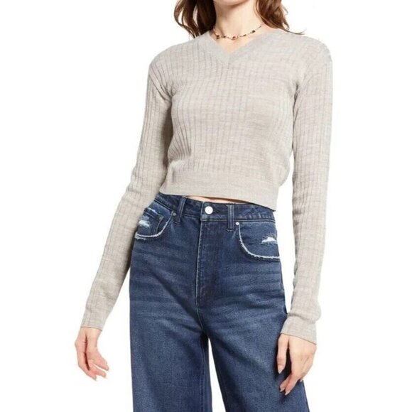 Bp "Reagan" Womens Long Sleeve BNWOT Gray Rib Crop Sweater - Picture 1 of 7